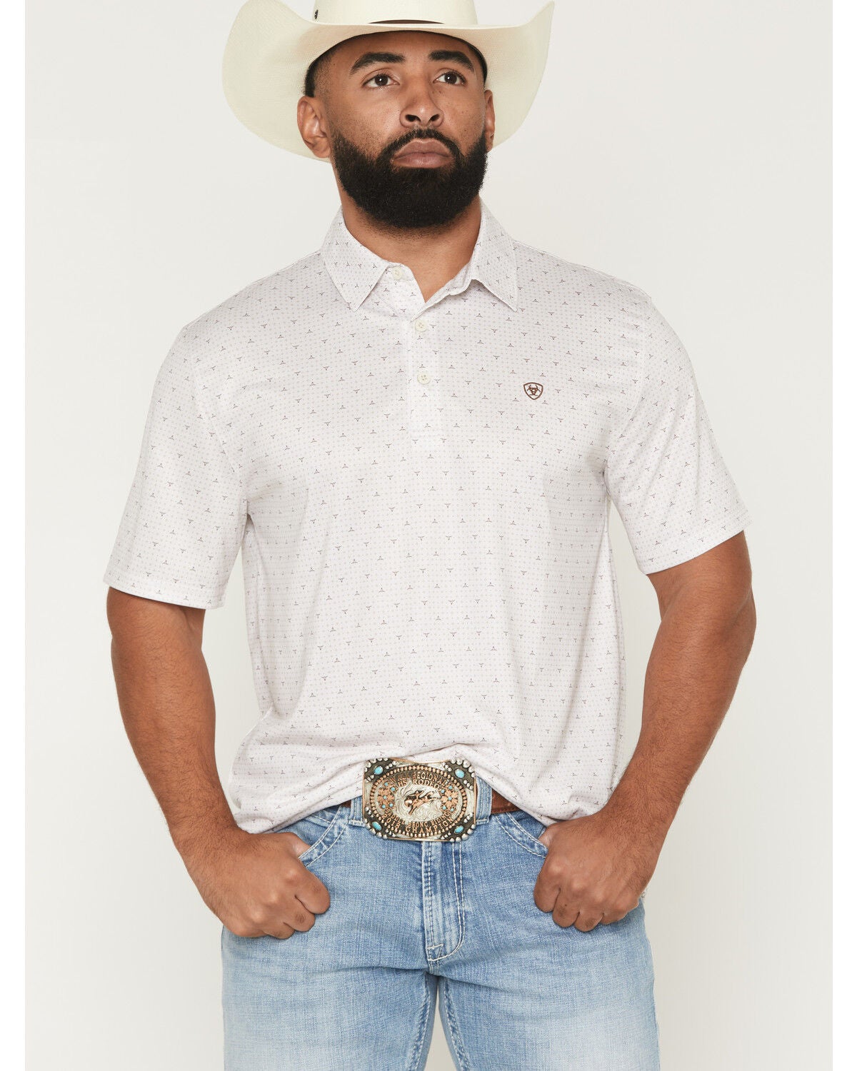 Ariat Men's Steer Print Short Sleeve Polo, White, hi-res