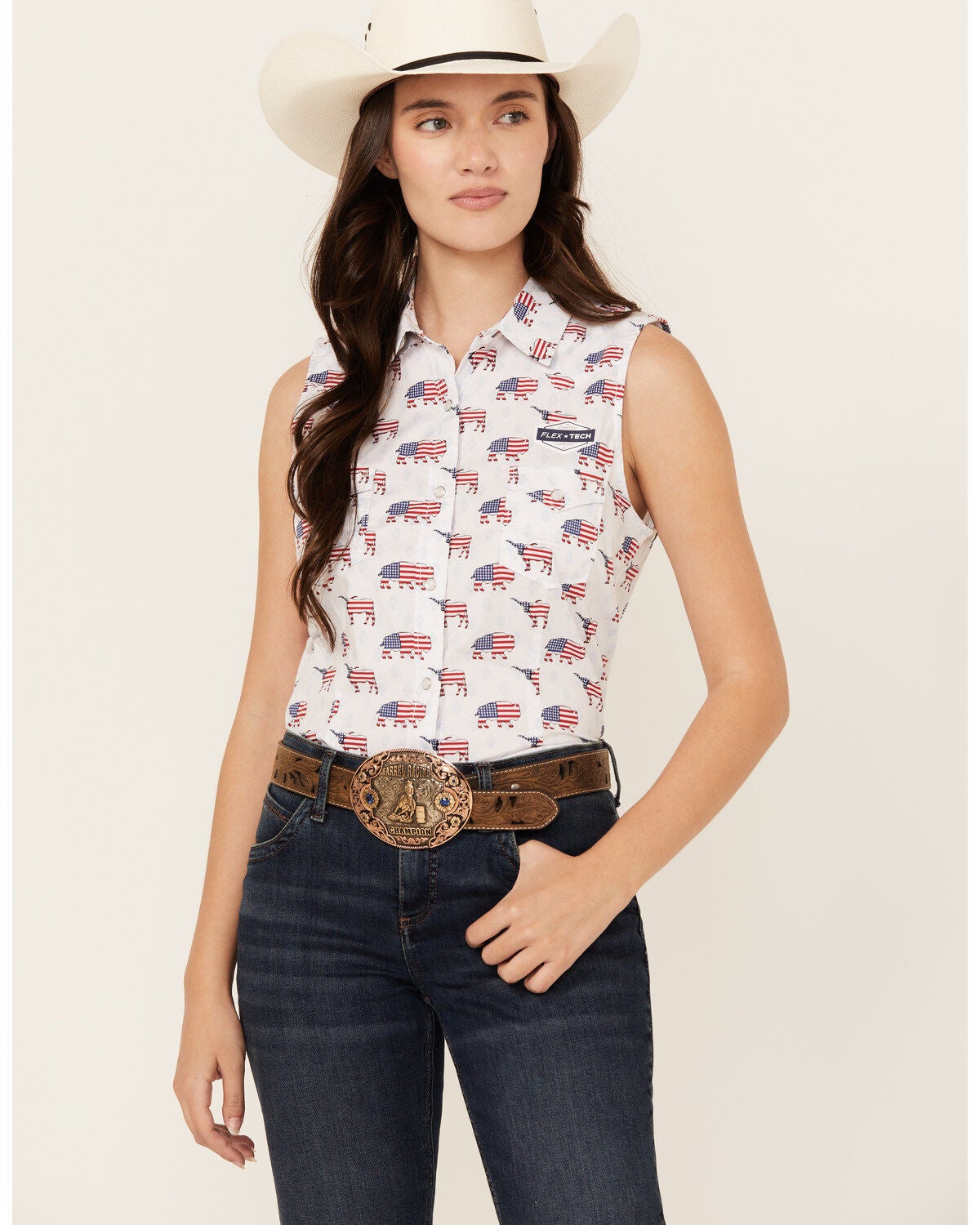 Rough Stock by Panhandle Women's American Flag Sleeveless Pearl Snap Stretch Western Shirt, White, hi-res