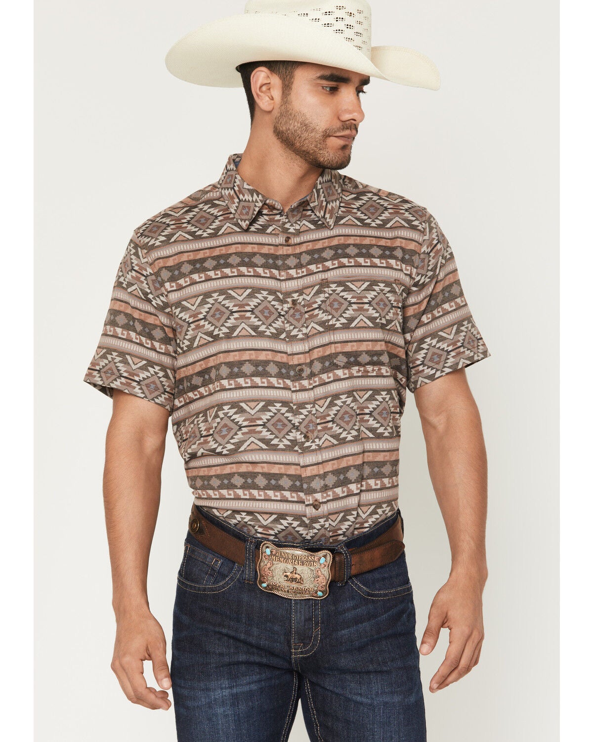 Cody James Men's Captain Southwestern Print Short Sleeve Button-Down Stretch Western Shirt, Brown, hi-res