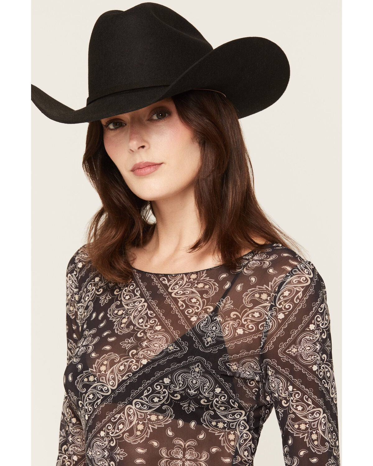 Image #2 - Idyllwind Women's Bandana Print Long Sleeve Mesh Top, Black, hi-res