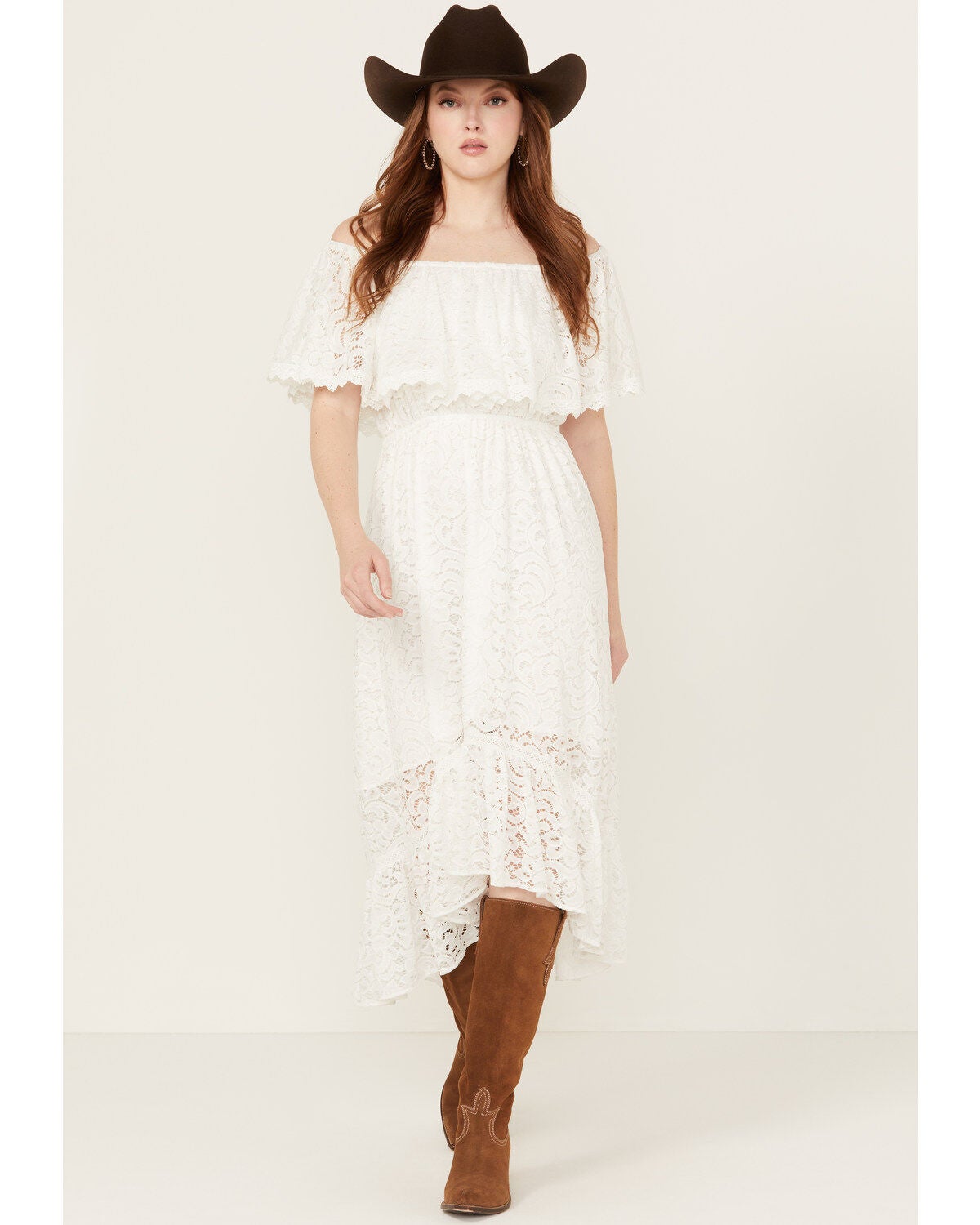 Beyond The Radar Women's Off The Shoulder Lace Midi Dress, Ivory, hi-res