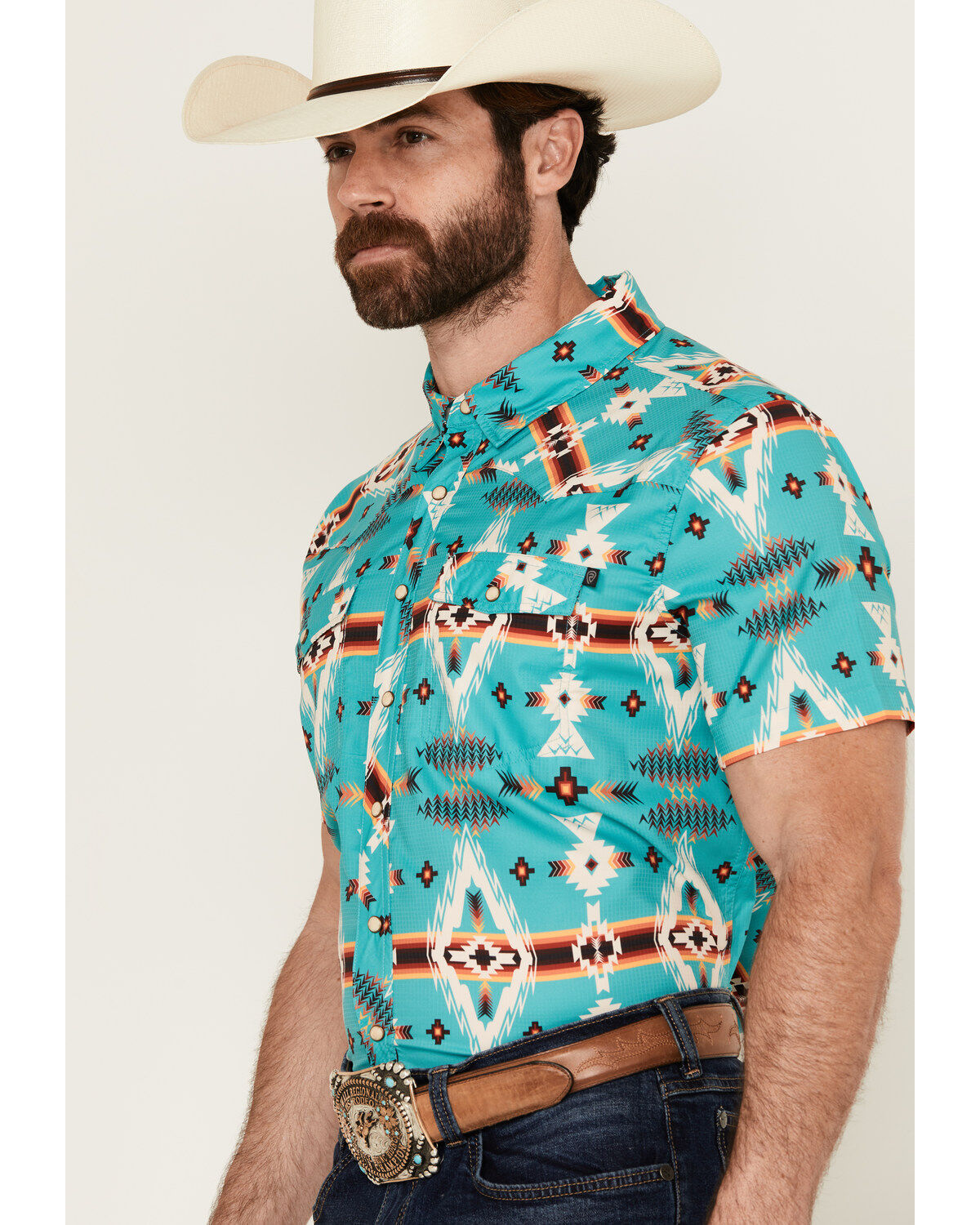 Image #2 - Rock & Roll Denim Men's Tek Southwestern Print Short Sleeve Snap Western Shirt, Turquoise, hi-res