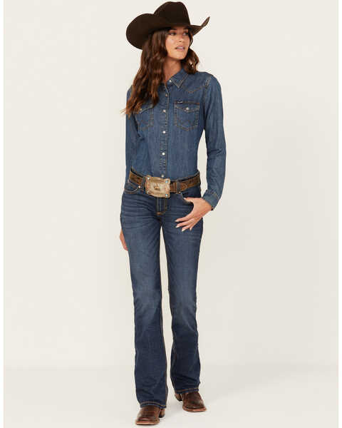 Wrangler Women's Mae Premium Patch Boot Cut Jeans, Blue, hi-res