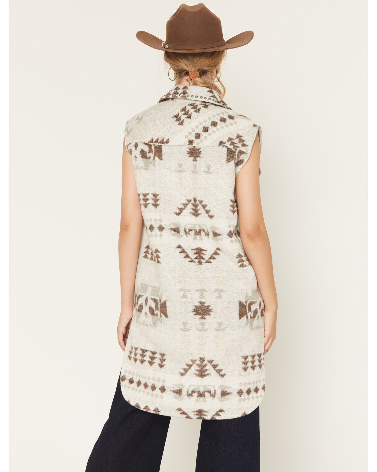 Image #4 - Ashley Women's Southwestern Print Studded Button-Down Long Vest, Grey, hi-res