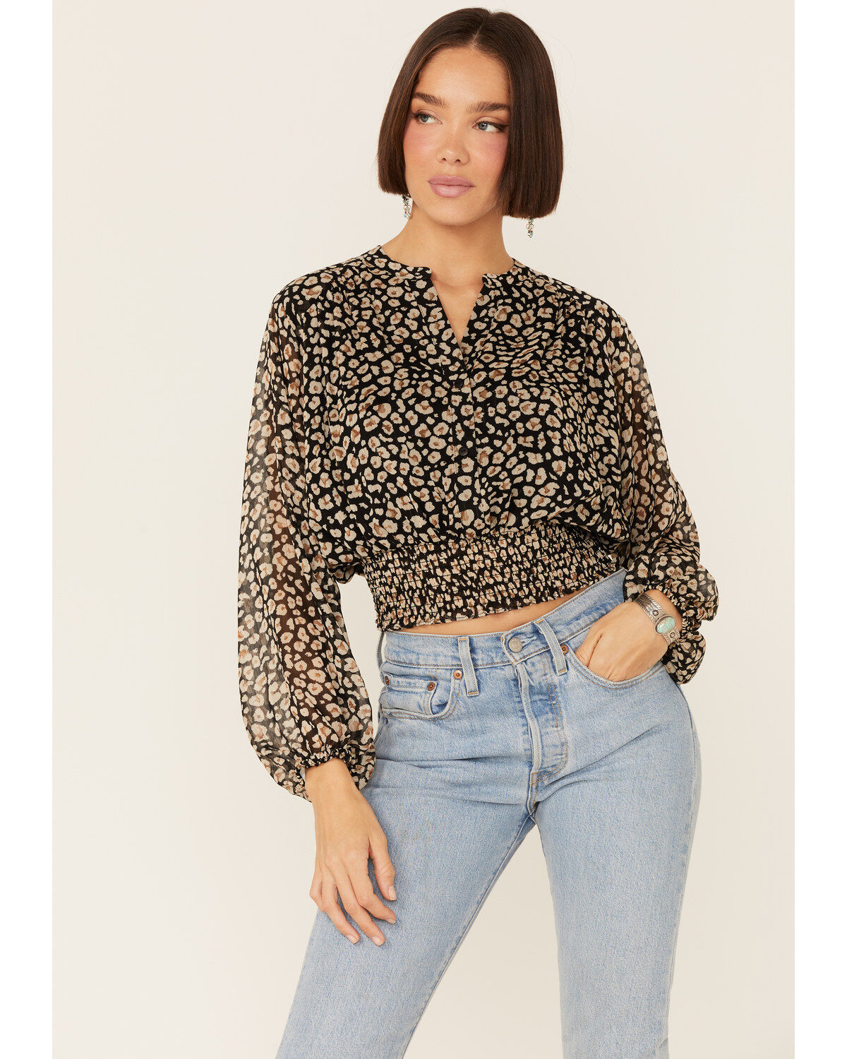 Image #1 - Lush Women's Floral Cropped Blouse, Black, hi-res