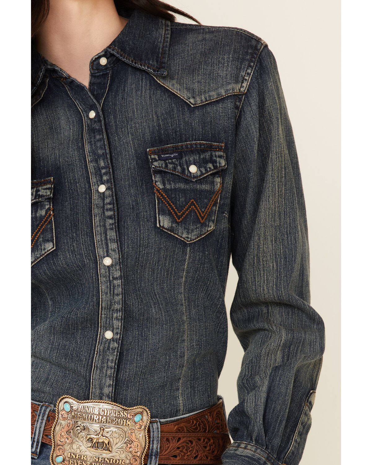 Image #4 - Wrangler Women's Long Sleeve Vintage Denim Shirt, Indigo, hi-res