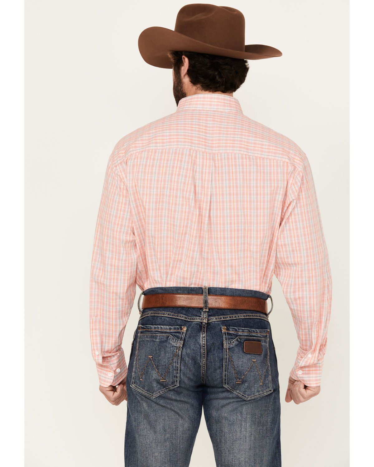 Image #4 - George Strait by Wrangler Men's Plaid Print Long Sleeve Button-Down Stretch Western Shirt, Coral, hi-res