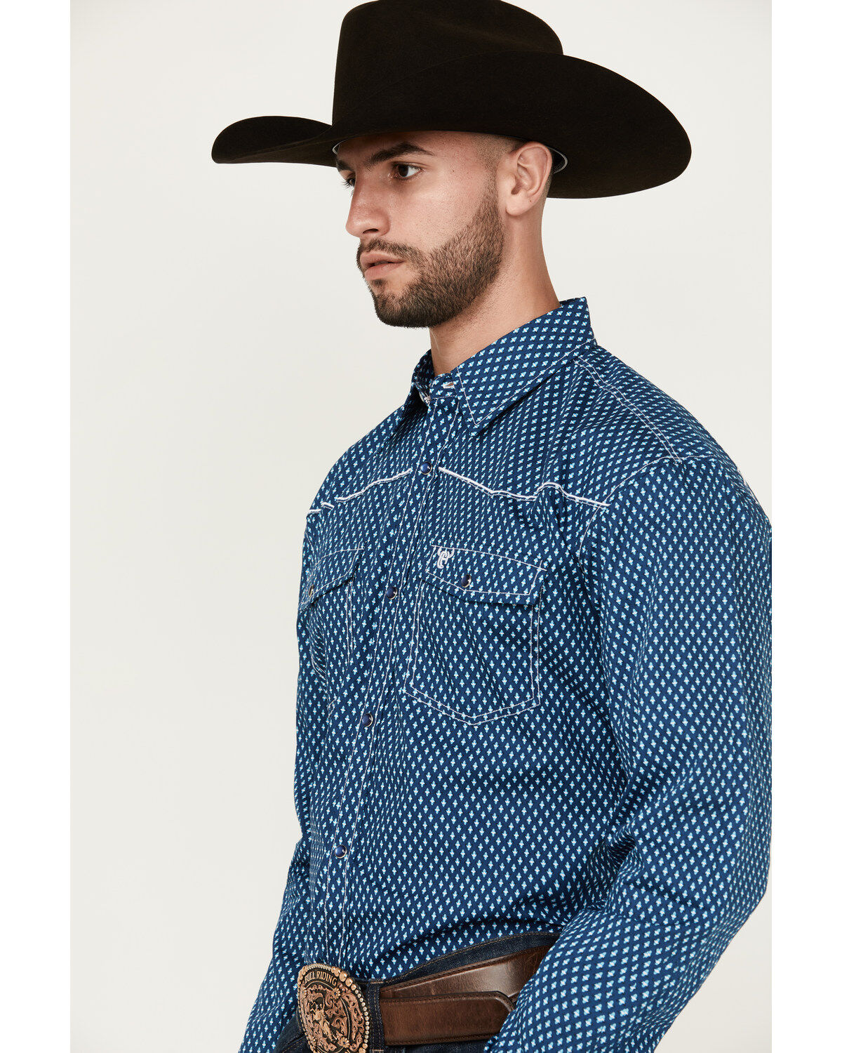 Image #2 - Cowboy Hardware Men's Fleur de Cowboy Print Long Sleeve Pearl Snap Western Shirt, Navy, hi-res