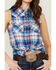 RANK 45 Women's Sleeveless Button Down Plaid Print Western Shirt , Blue, hi-res