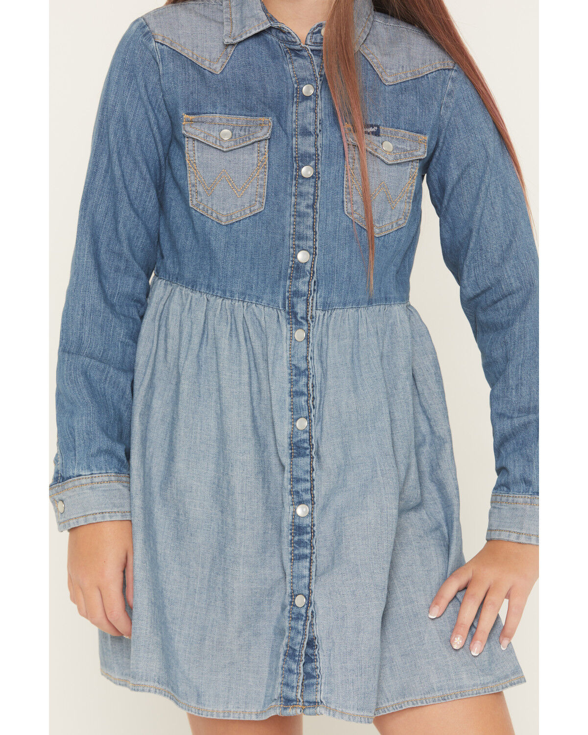 Image #3 - Wrangler Girls' Two-Toned Long Sleeve Denim Dress, Blue, hi-res