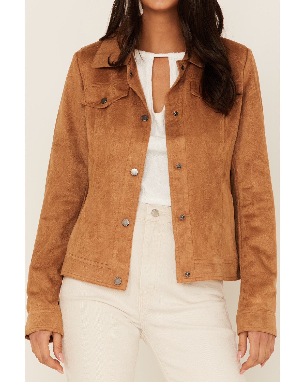 Image #3 - Fornia Women's Faux Suede Trucker Snap Jacket, , hi-res