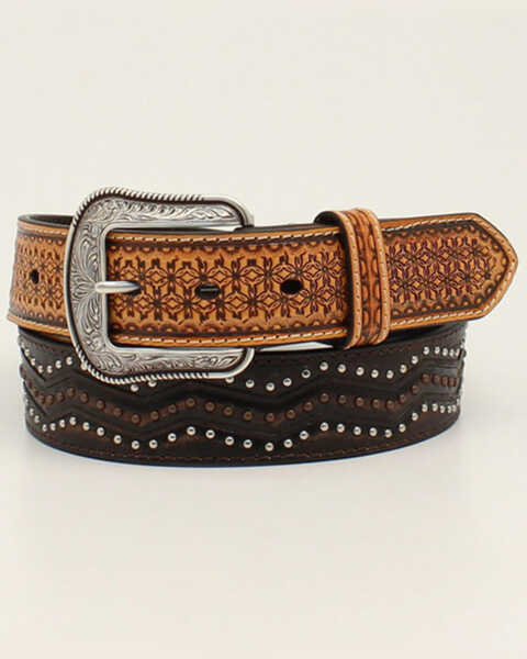 M & F Western Men's Brown Studded Leather Tooled Belt, Brown, hi-res