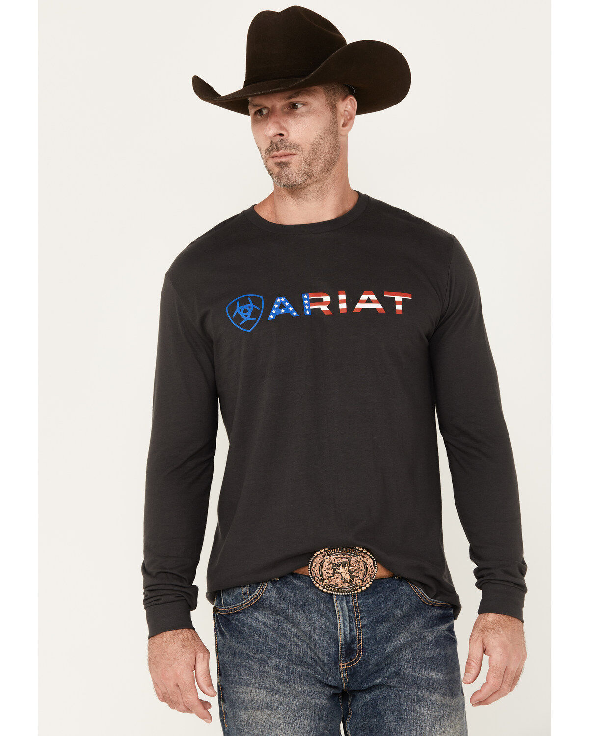 Image #1 - Ariat Men's Boot Barn Exclusive Americana Logo Long Sleeve Graphic T-Shirt, Black, hi-res