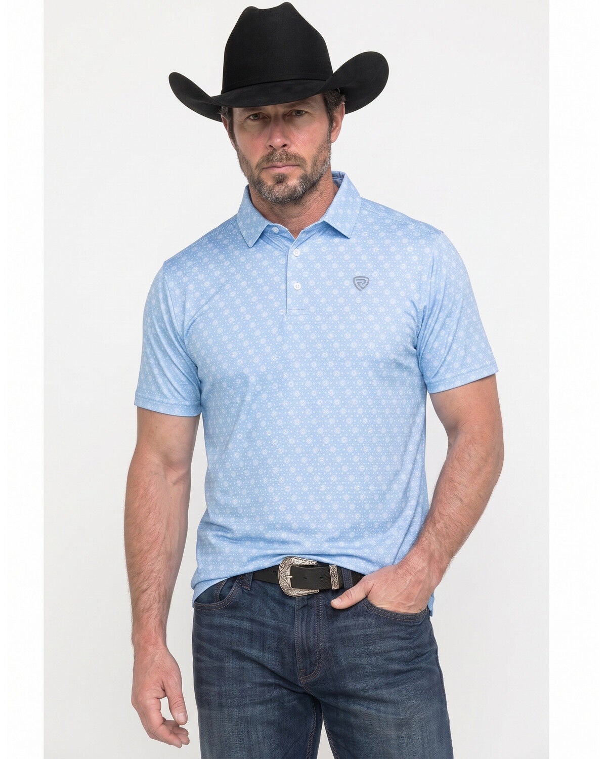 Image #1 - Rock & Roll Denim Men's Geo Print Short Sleeve Button-Down Stretch Polo, Blue, hi-res