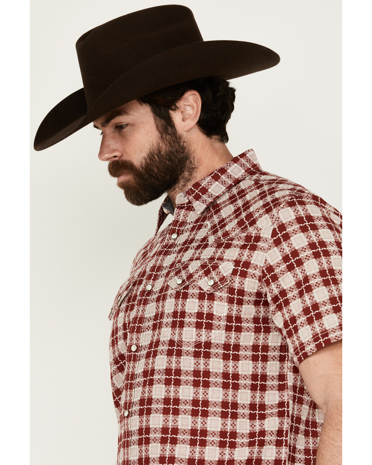 Image #2 - Moonshine Spirit Men's Legend Plaid Print Short Sleeve Snap Western Shirt, Burgundy, hi-res
