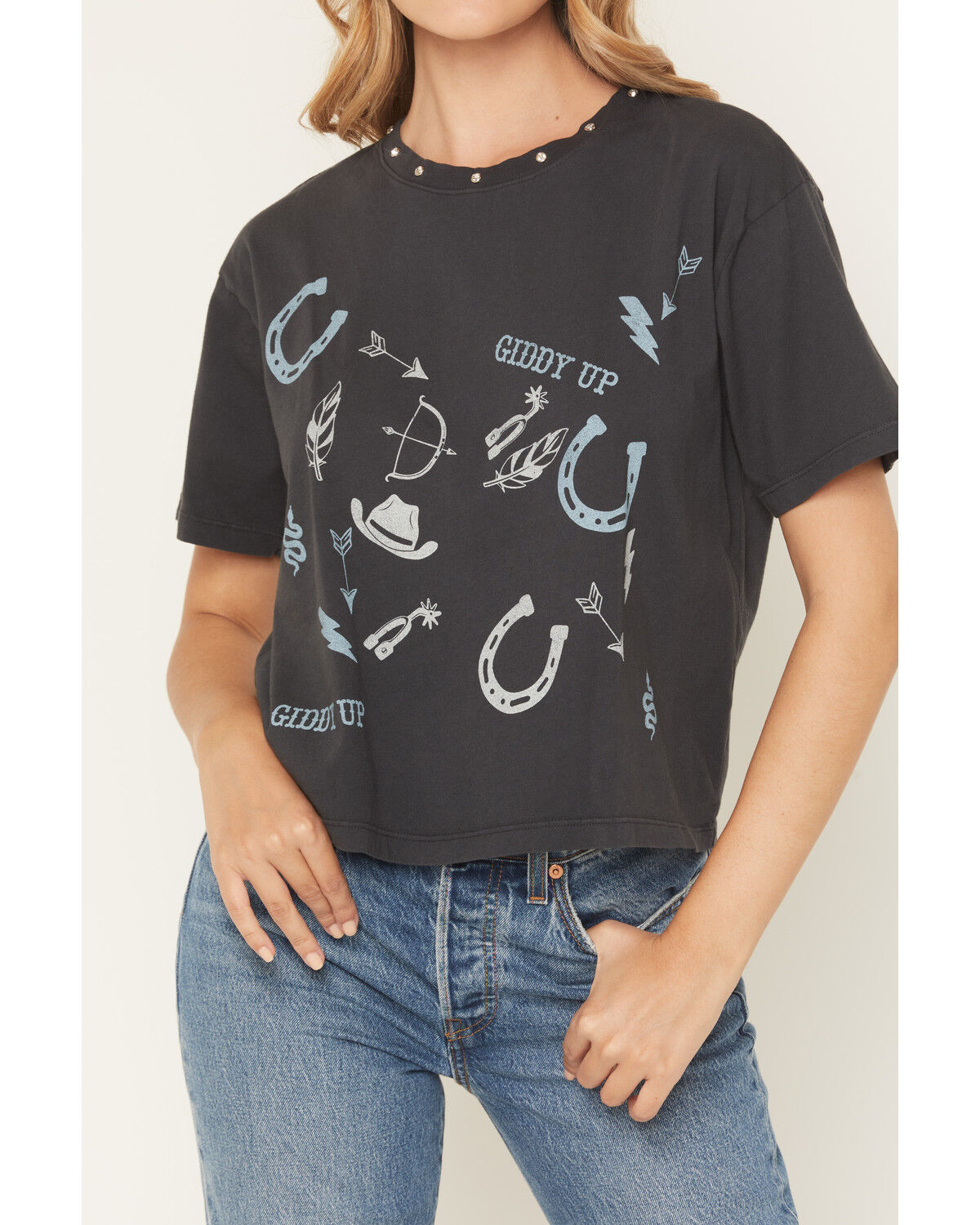 Image #3 - All Us Women's Conversation Embellished Short Sleeve Graphic Tee, Grey, hi-res