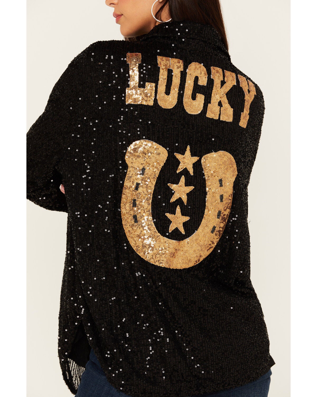 Image #4 - Mainstrip Women's Lucky Sequins Long Sleeve Button-Down Top, Black, hi-res
