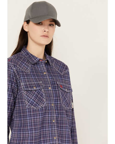 Image #2 - Ariat Women's Tillie FR Long Sleeve Plaid Print Snap Work Shirt, Blue, hi-res