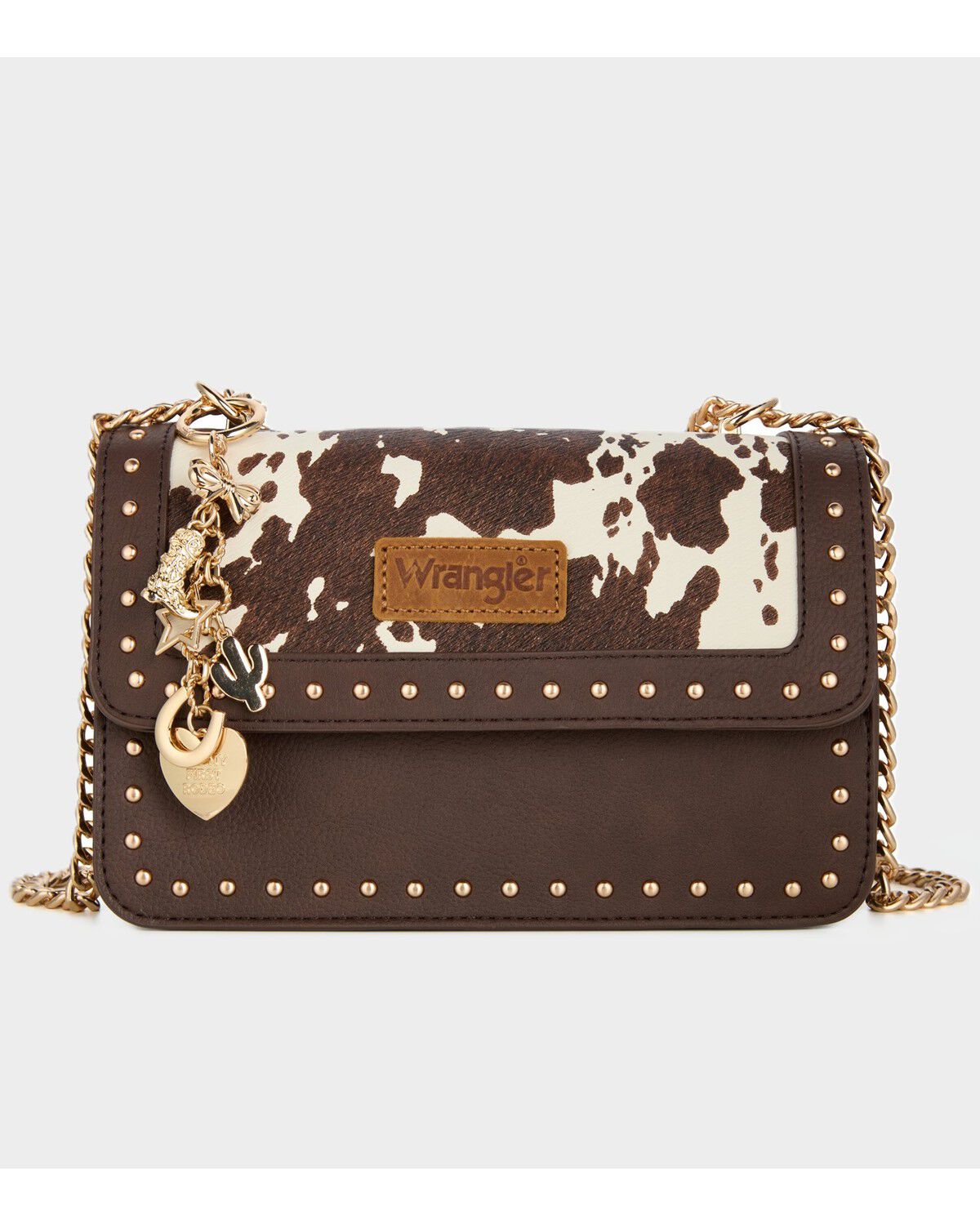 Wrangler X Boot Barn Women's Cow Print Shoulder Bag with Charm, Coffee, hi-res