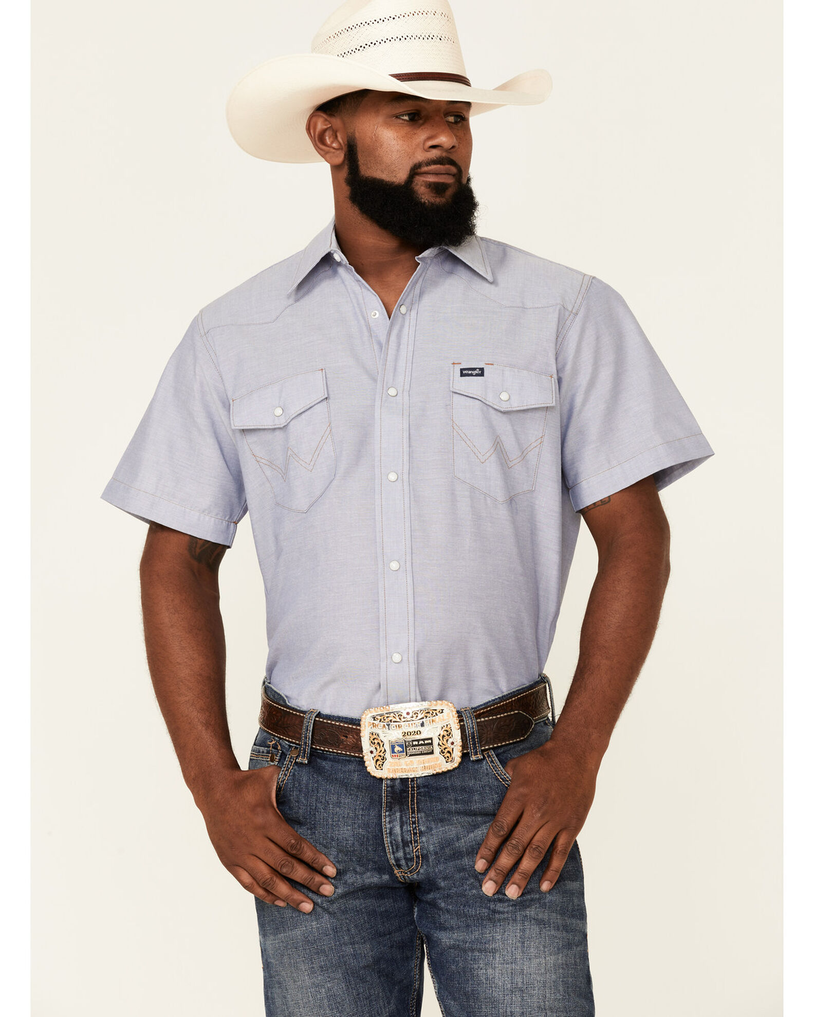 Wrangler Men's Chambray Rigid Cowboy Cut Short Sleeve Snap Work Shirt |  Boot Barn