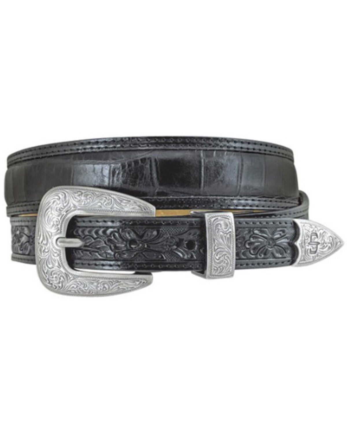 Stetson Men's Croc Embossed Floral Tooled Belt, Black, hi-res