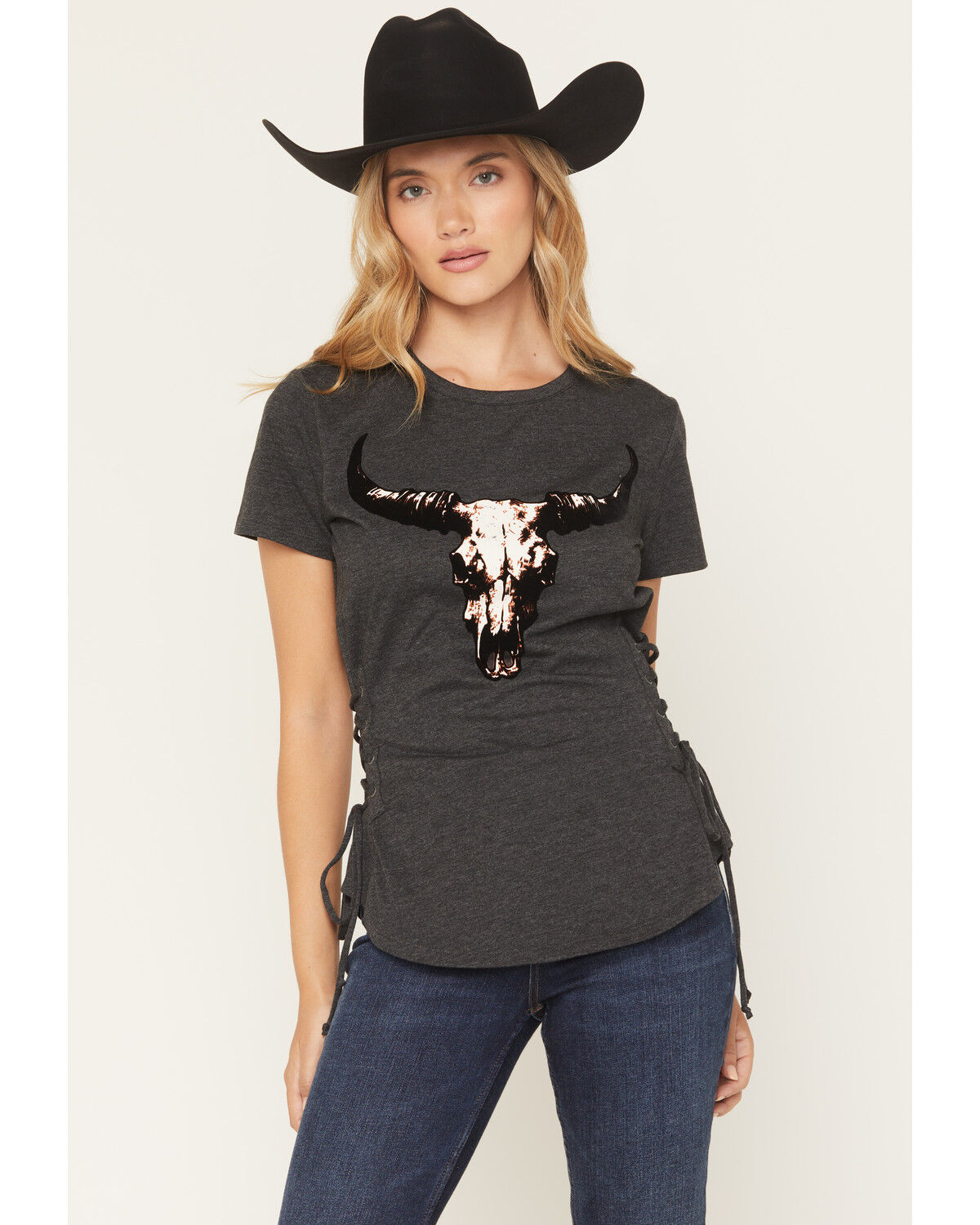 Image #1 - Blended Women's Bull Skull Short Sleeve Graphic Tee, Charcoal, hi-res