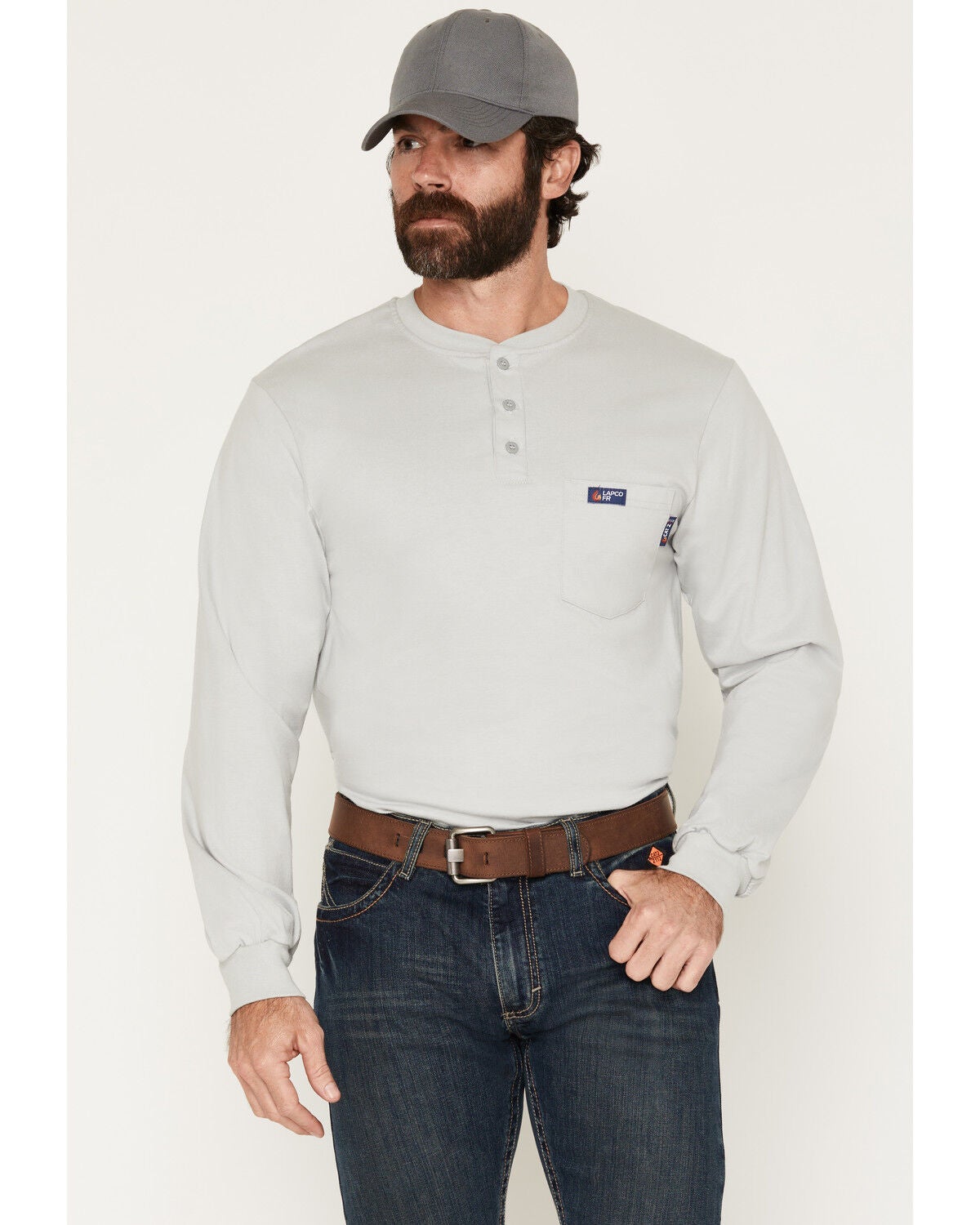 Image #1 - Lapco Men's FR Long Sleeve Henley T-Shirt, Grey, hi-res