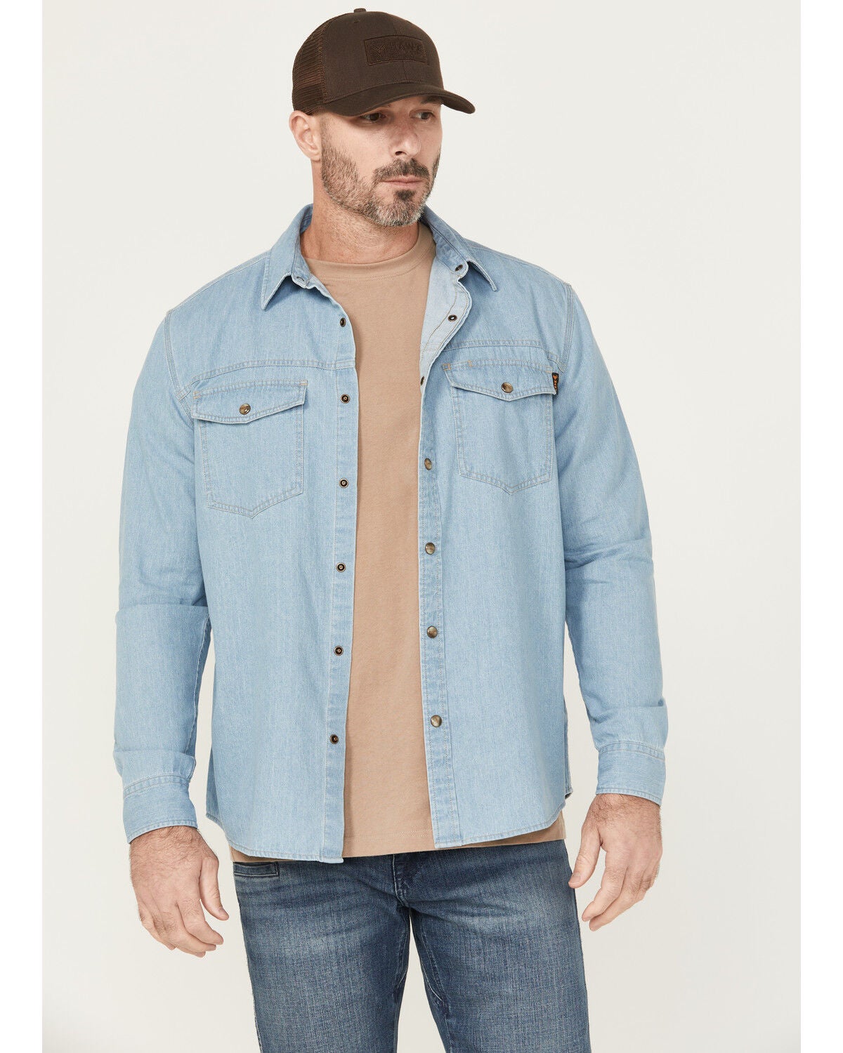 Hawx Men's All Out Light Wash Long Sleeve Snap Denim Work Shirt, Light Wash, hi-res