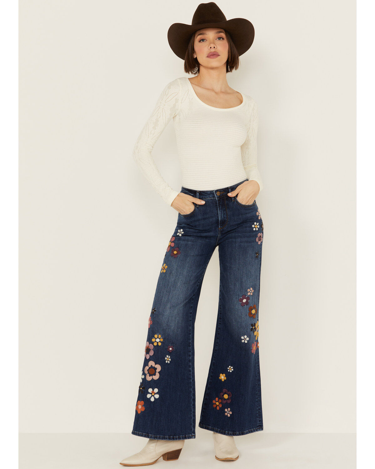 Image #1 - Driftwood Women's Mona X Boogie Nights Dark Wash High Rise Floral Embroidered Flare Stretch Denim Jeans, Medium Wash, hi-res