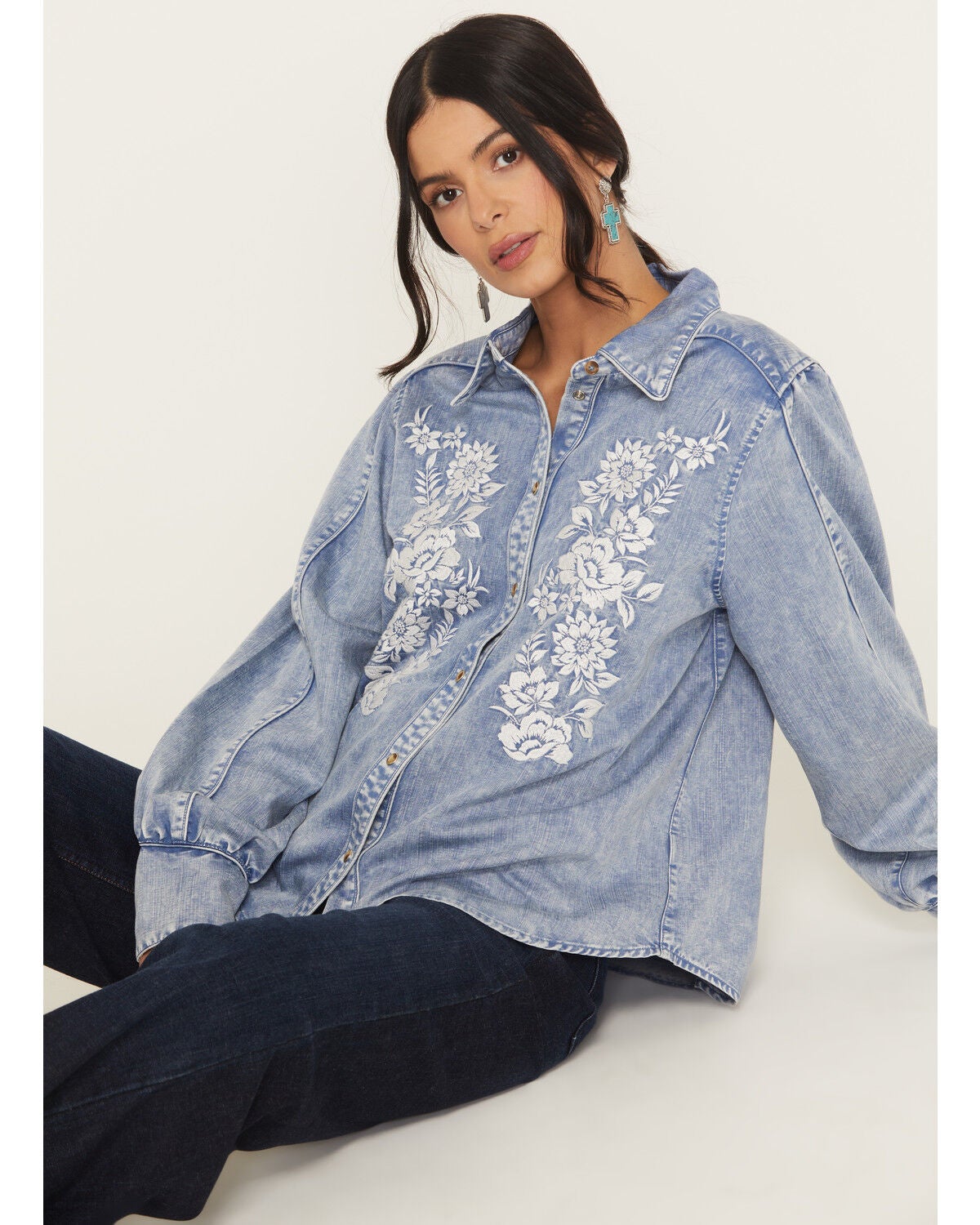 Kimes Ranch Women's Mae Floral Embroidered Long Sleeve Snap Relaxed Fit Western Shirt, Light Blue, hi-res