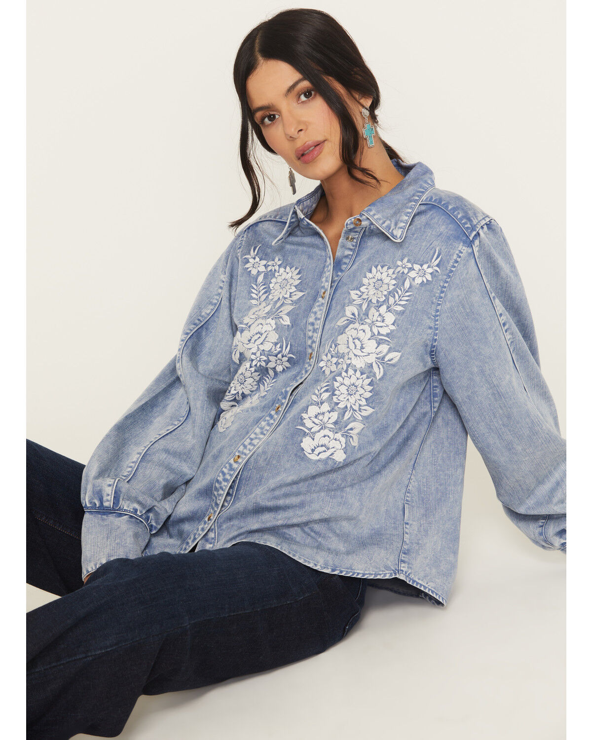 Image #1 - Kimes Ranch Women's Mae Floral Embroidered Long Sleeve Snap Relaxed Fit Western Shirt, Light Blue, hi-res