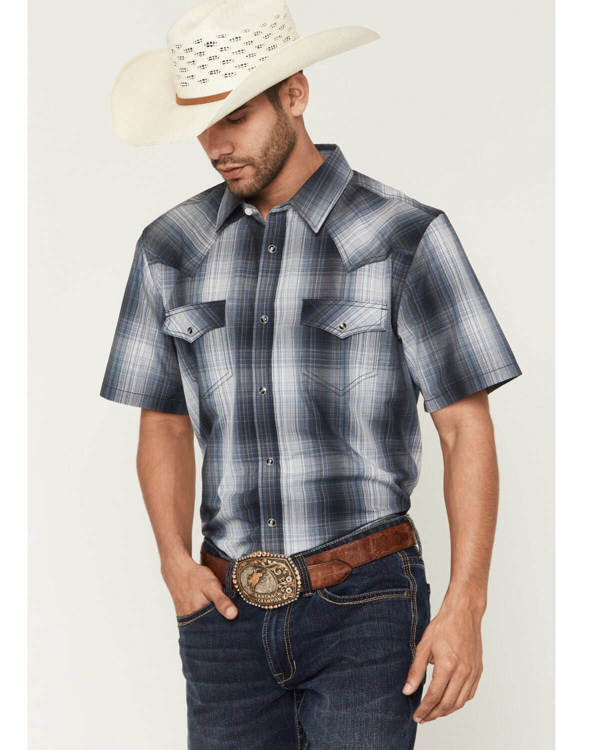 Cody James Men's Weed Wacker Plaid Print Short Sleeve Snap Western Shirt - Big, Blue, hi-res