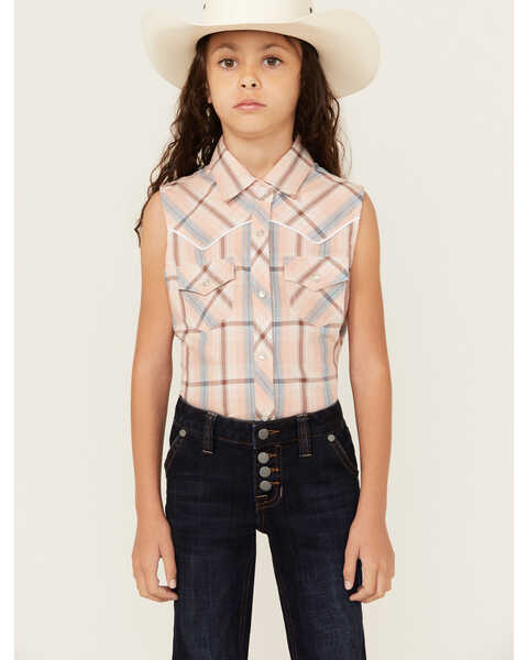 Cumberland Outfitters Girls' Plaid Print Sleeveless Pearl Snap Western Shirt , Peach, hi-res