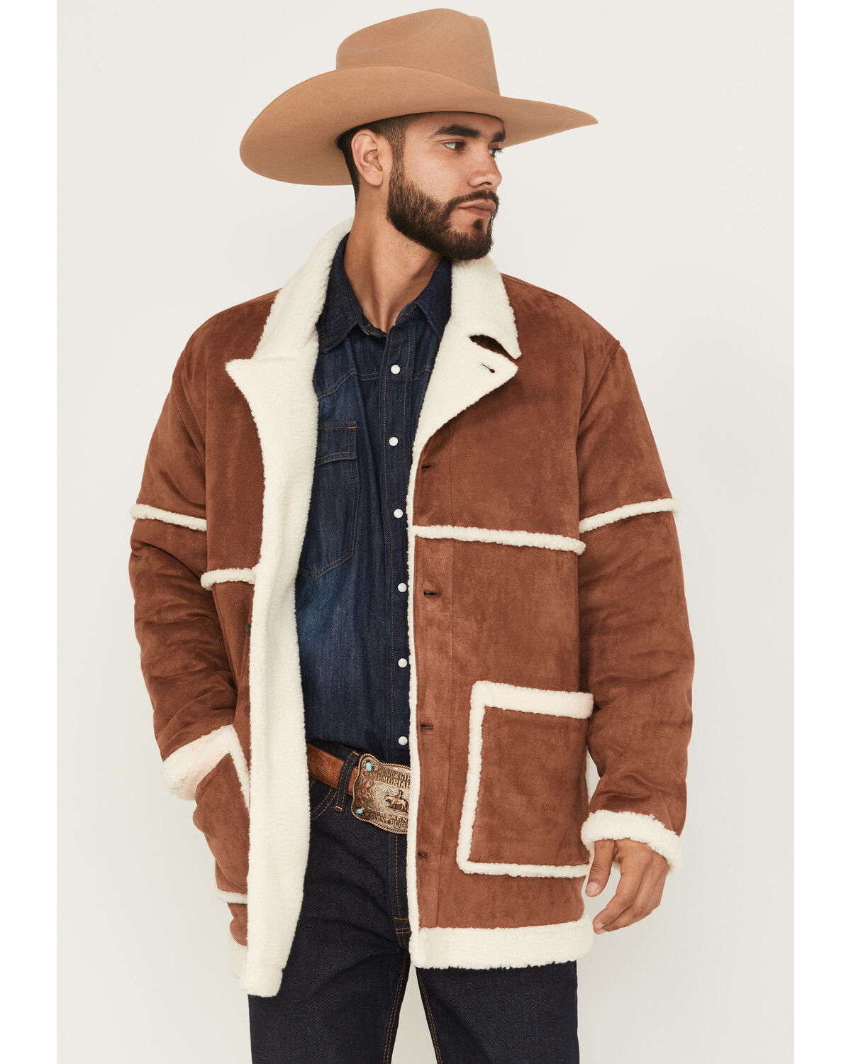 Image #1 - Wrangler Men's Faux Suede Sherpa Lined Button Down Jacket, Camel, hi-res