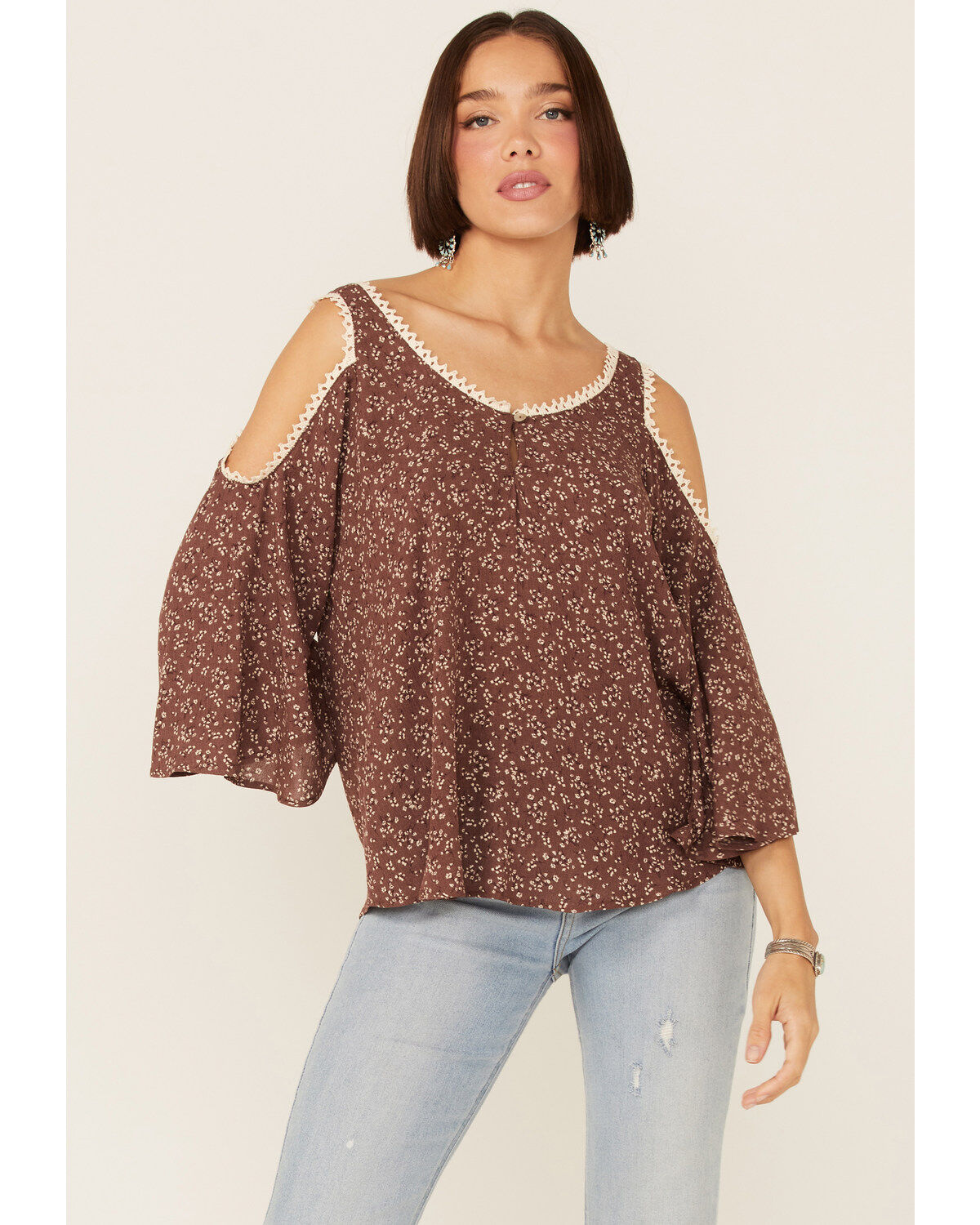 Image #1 - Wild Moss Women's Mauve Ditsy Floral Cold Shoulder Woven Top, , hi-res
