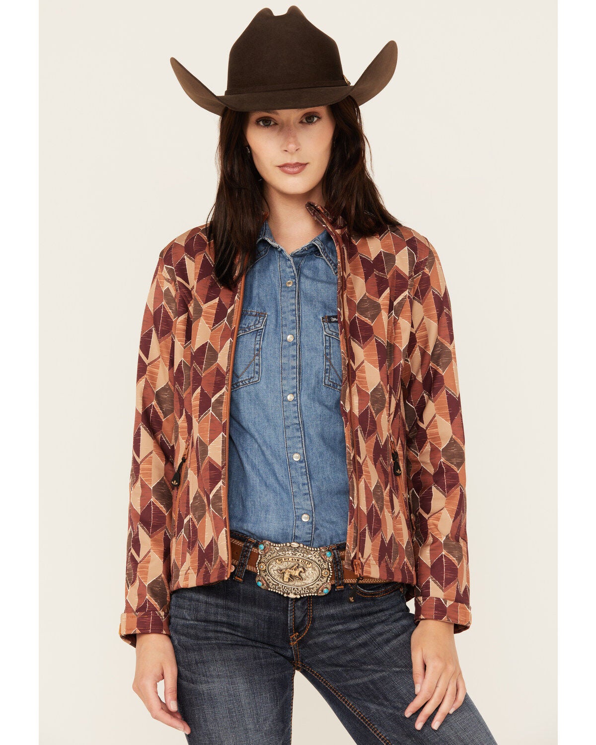 Shyanne Women's Abstract Western Softshell Jacket, Caramel, hi-res