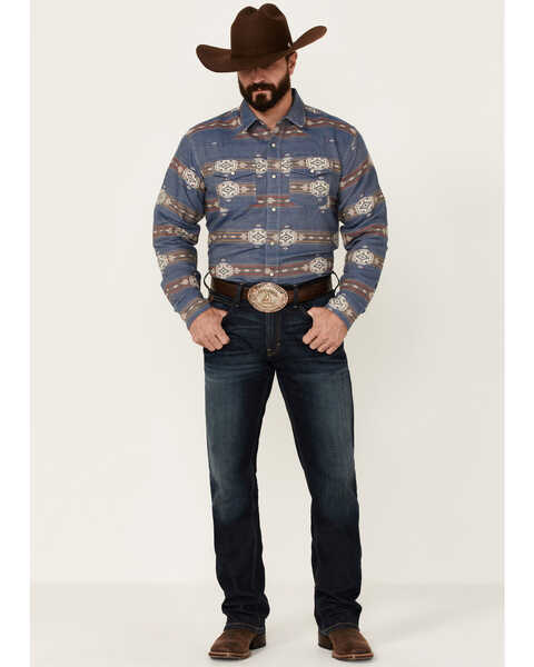 Ariat Men's Hector Retro Southwestern Print Long Sleeve Snap Western Shirt , Blue, hi-res