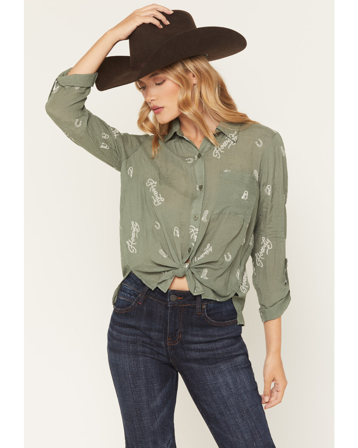 Image #1 - June & Hudson Women's Western Embroidered 3/4 Sleeve Button-Down Shirt, Olive, hi-res