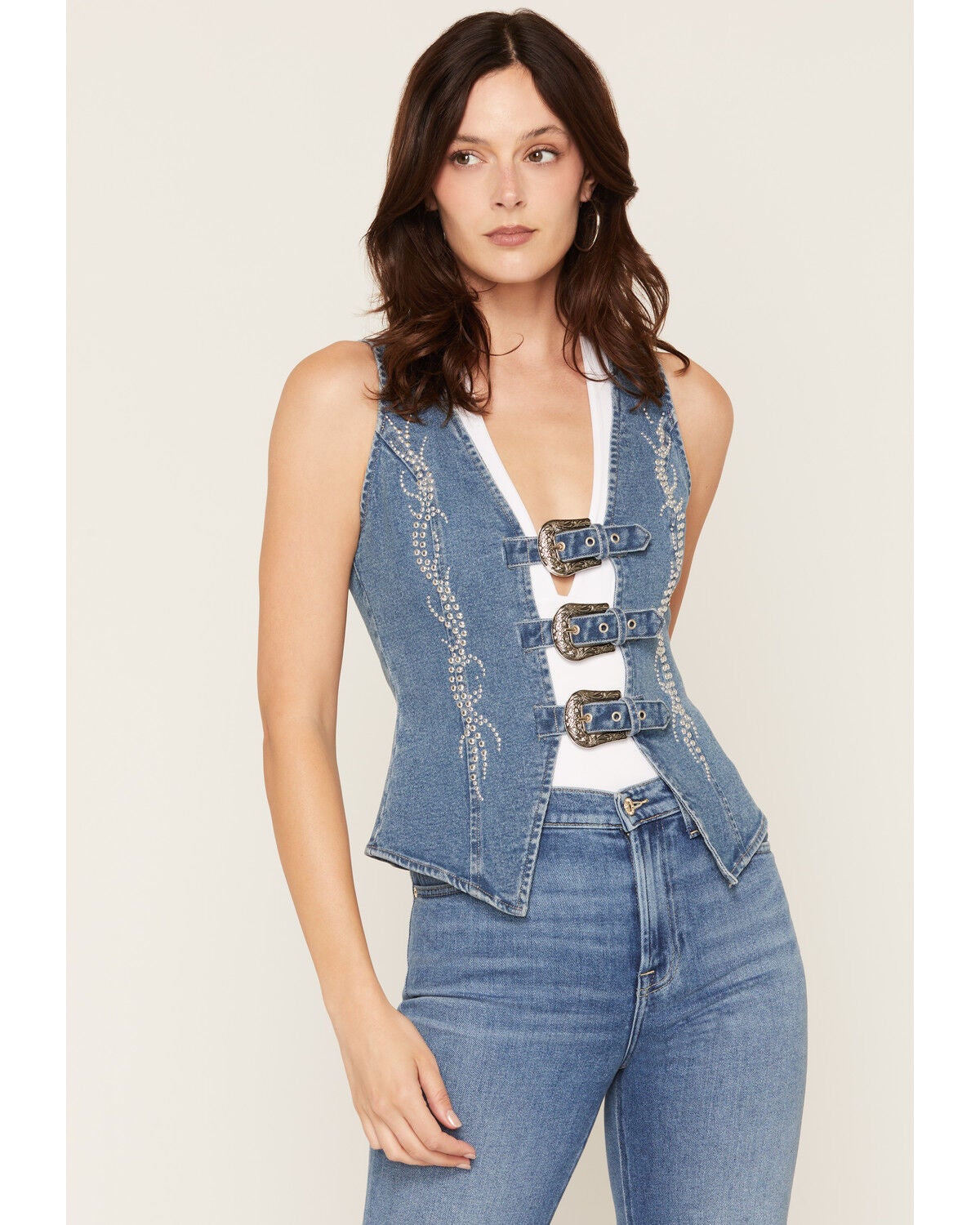 Blue B Women's Medium Wash Studded Buckle Denim Top, Medium Wash, hi-res