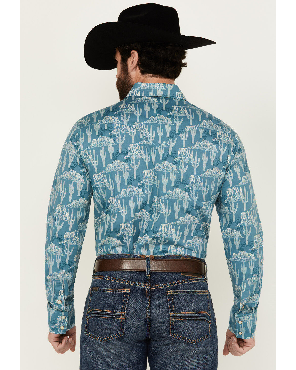 Image #4 - Rock & Roll Denim Men's Cactus Desert Print Long Sleeve Pearl Snap Stretch Western Shirt, Blue, hi-res