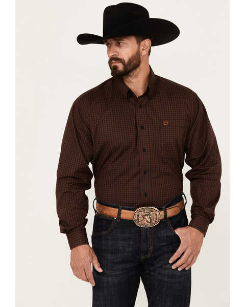 Cinch Men's Geo Print Long Sleeve Button-Down Stretch Western Shirt, Black/brown, hi-res