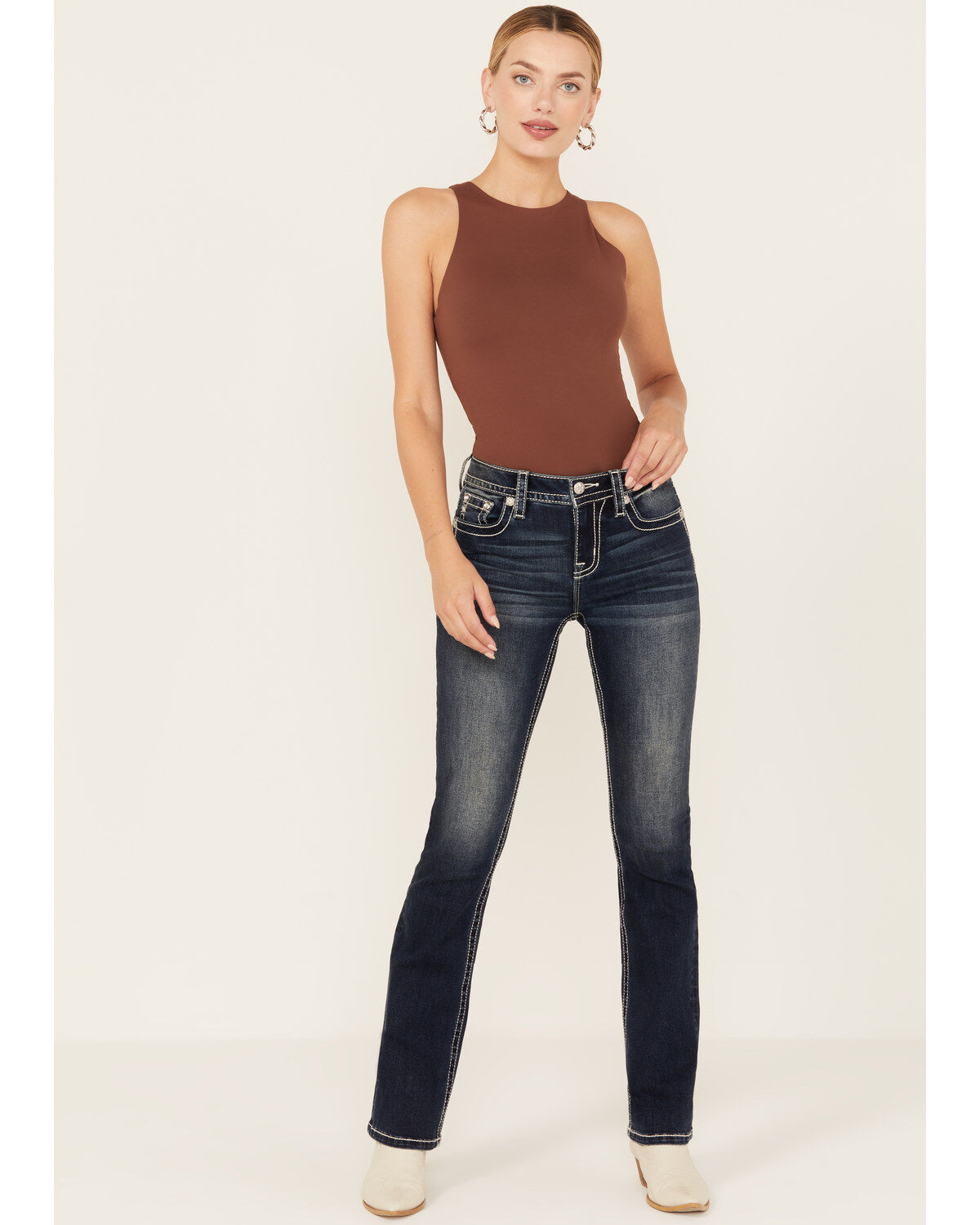 Image #3 - Miss Me Women's Dark Wash Mid Rise Stretch Bootcut Jeans, Dark Wash, hi-res