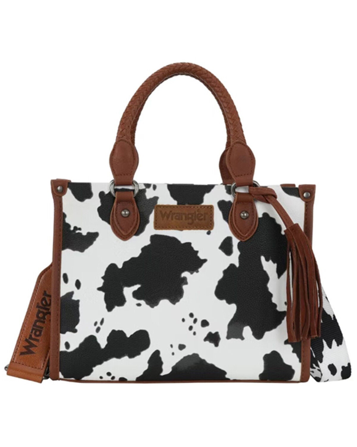 Wrangler Women's Boot Barn Exclusive Daisy Cow Print Tote with Tassel, Brown, hi-res