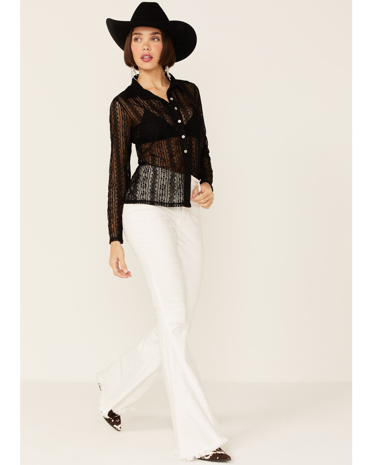 Image #4 - Wild Moss Women's Lace Button Front Sheer Long Sleeve Shirt, Black, hi-res