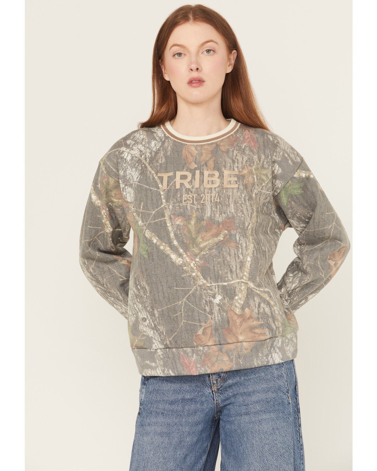 Tribe Kelley Women's Camo Print Varsity Crewneck, Green, hi-res
