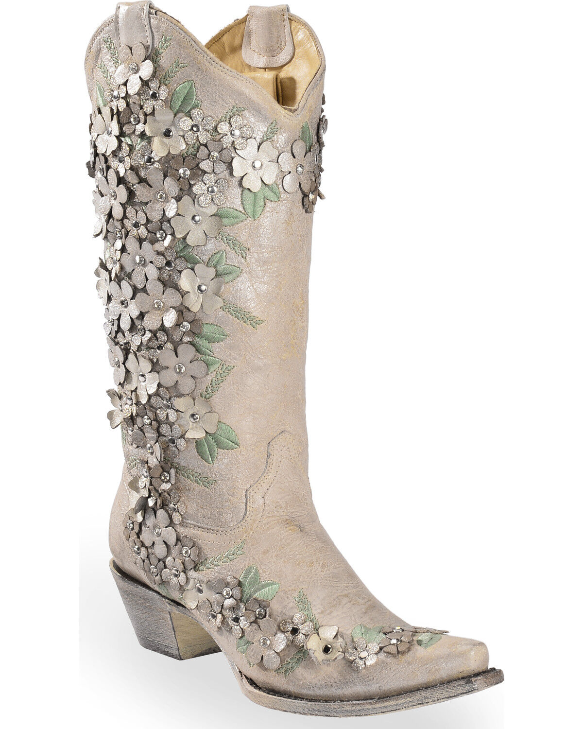 Image #1 - Corral Women's Floral Overlay Embroidered Stud and Crystals Western Boots - Snip Toe, , hi-res