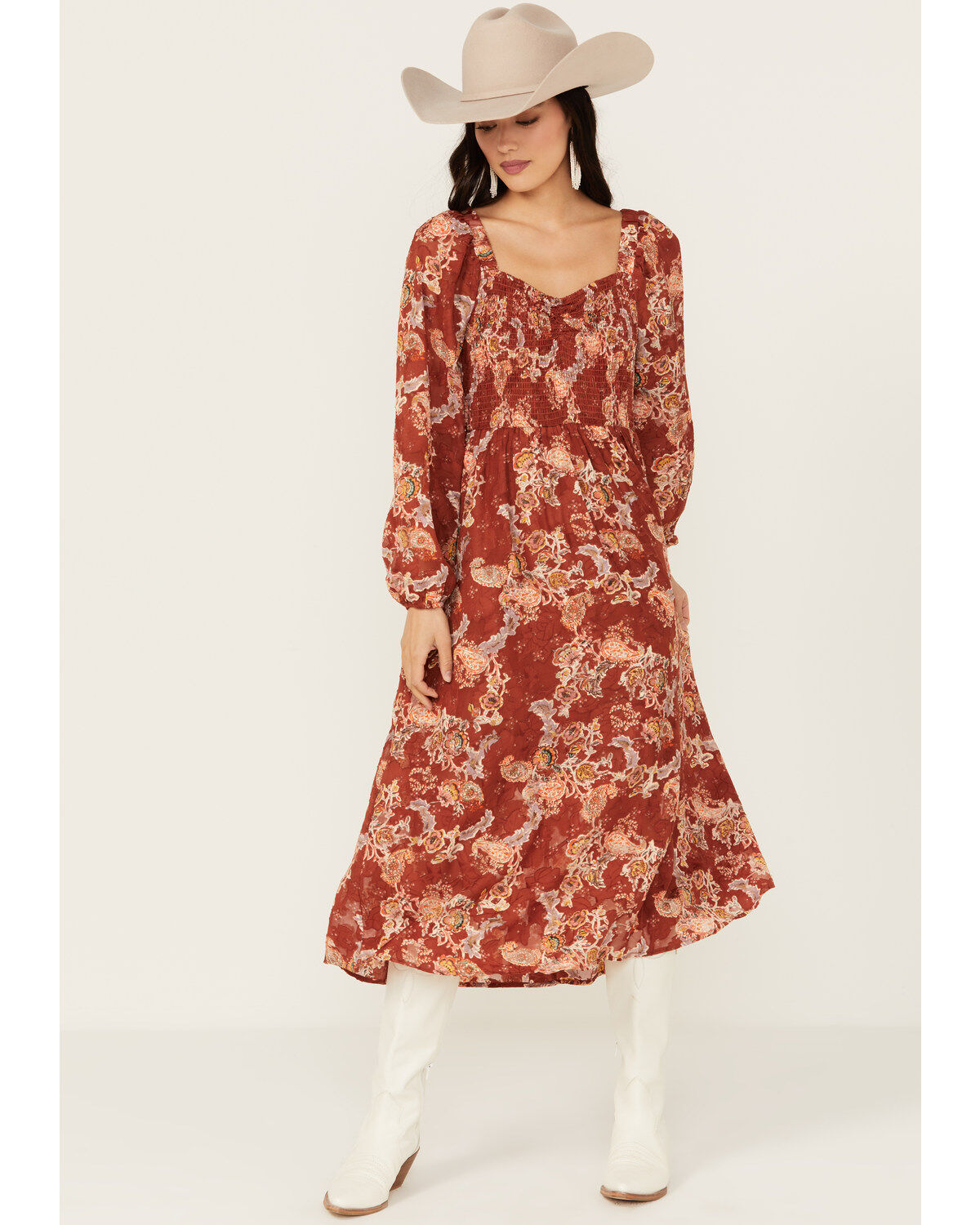 Image #2 - Jolt Women's Long Sleeve Floral Jacquard Chiffon Midi Dress, , hi-res