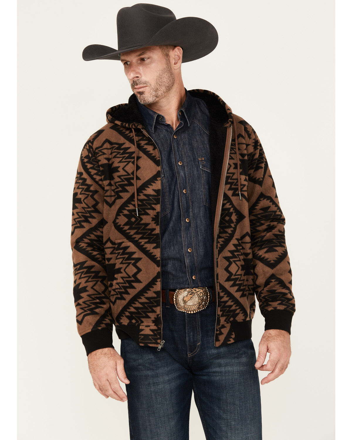 Image #1 - Cody James Men's Basin Southwestern Print Fleece Hooded Jacket, Brown, hi-res