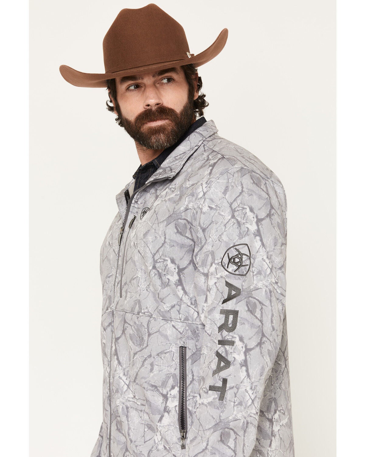 Image #2 - Ariat Men's Camo Print Logo Softshell Jacket, Grey, hi-res