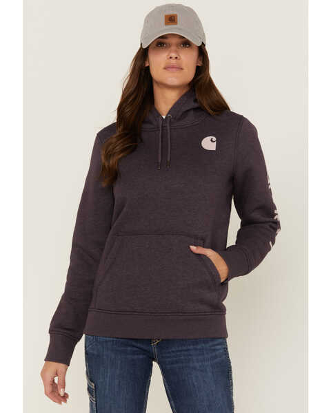 Carhartt Women's Gray Relaxed Midweight Logo Sleeve Graphic Hooded Sweatshirt , Purple, hi-res